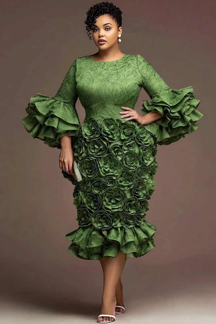 Xpluswear Design Plus Size Formal Green Round Neck Flare 3/4 Sleeve 3D Ruffle Satin Midi Dresses [Pre-Order] 2024 - Xpluswear