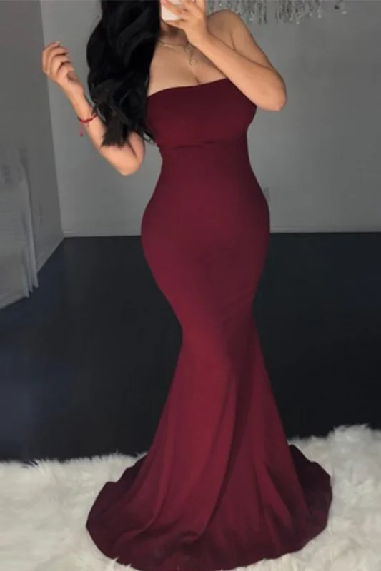 Glamorous Burgundy Strapless Mermaid Prom Dress Long Evening Gowns Lace-up - lulusllly