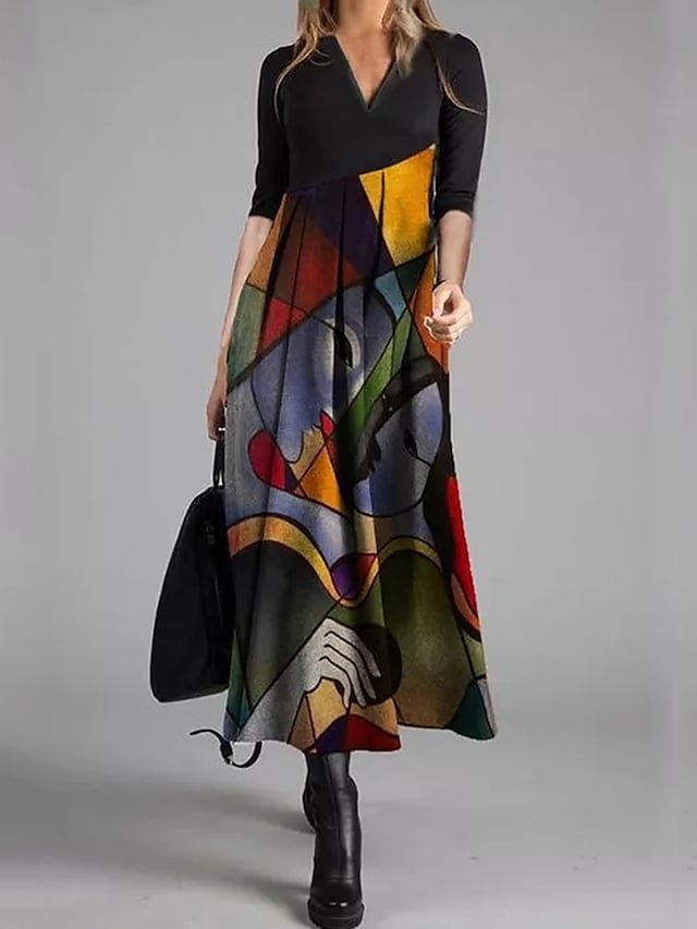 Casual V-Neck Printed Long Sleeve Dress