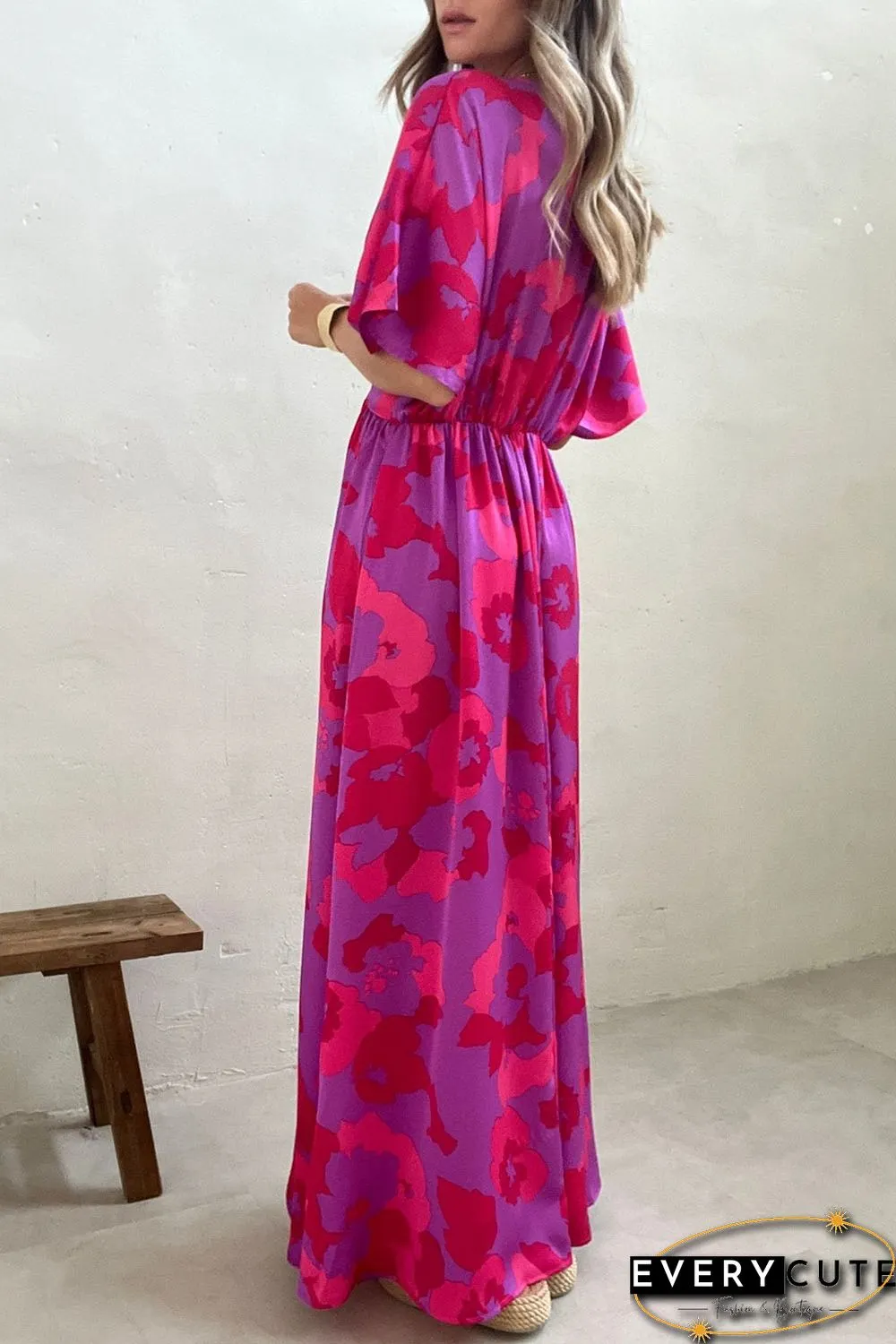 Rose Abstract Floral Print V Neck Dolman Maxi Dress