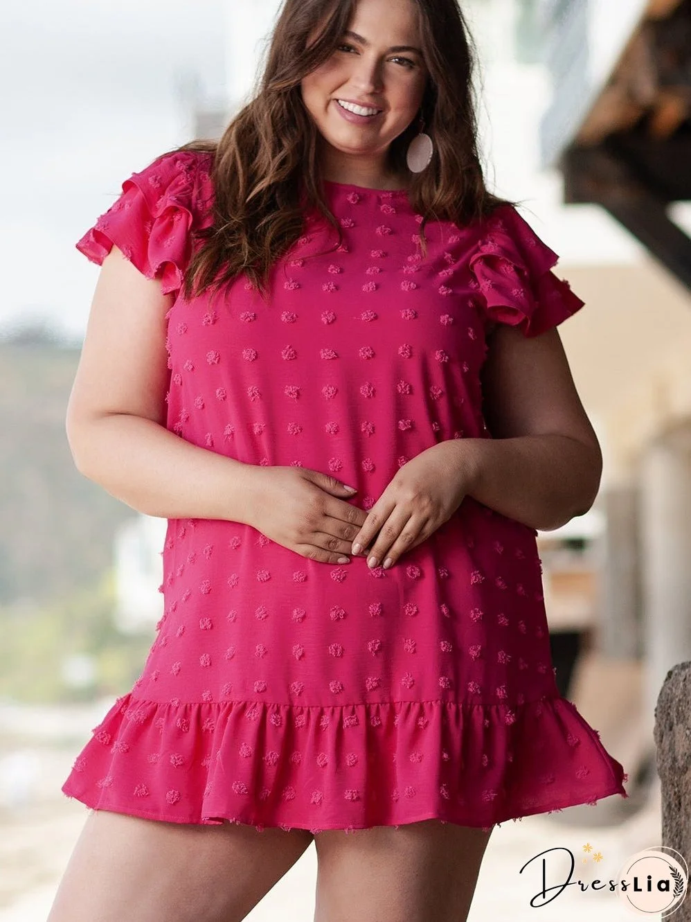 Strawberry Pink Jacquard Ruffle Sleeve Plus Size Mini Dress