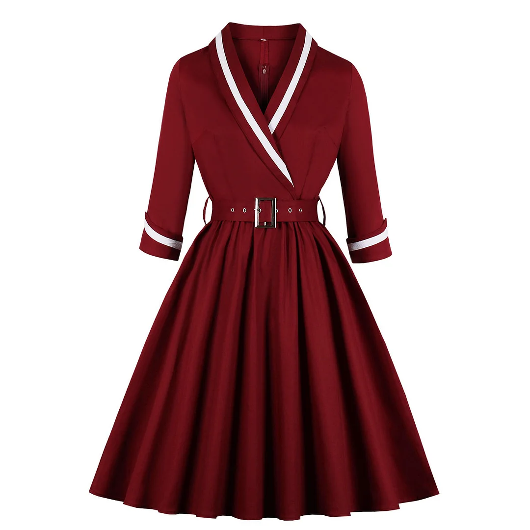 1940s Dress Cross V-neck Slim Swing Dress With Belt