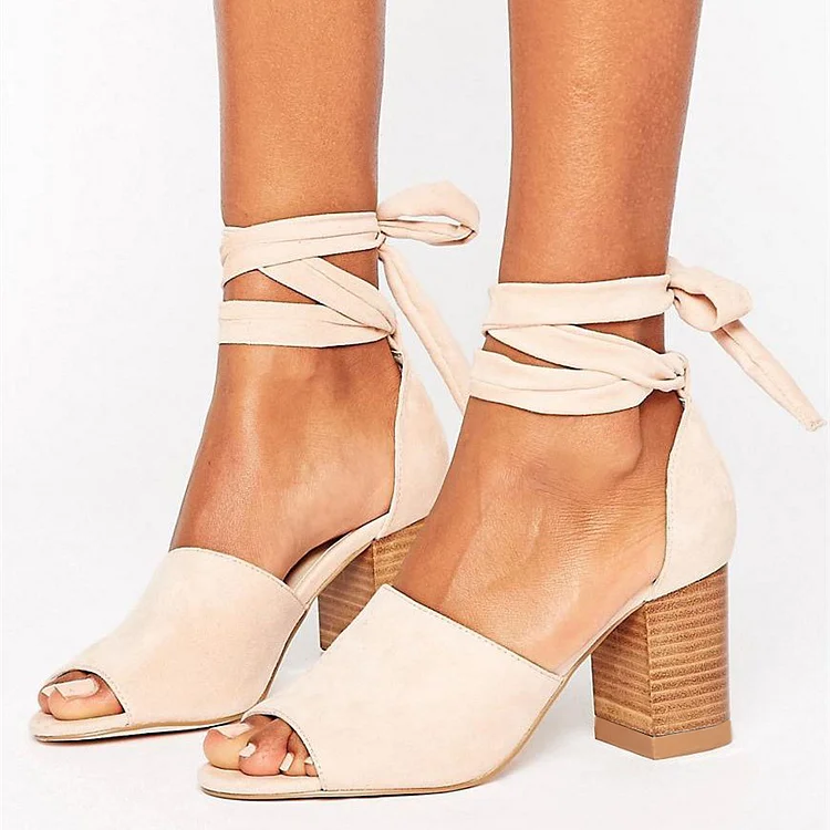 Beige Strappy Sandals Vegan Suede Peep Toe Chunky Heels for Women |FSJ Shoes