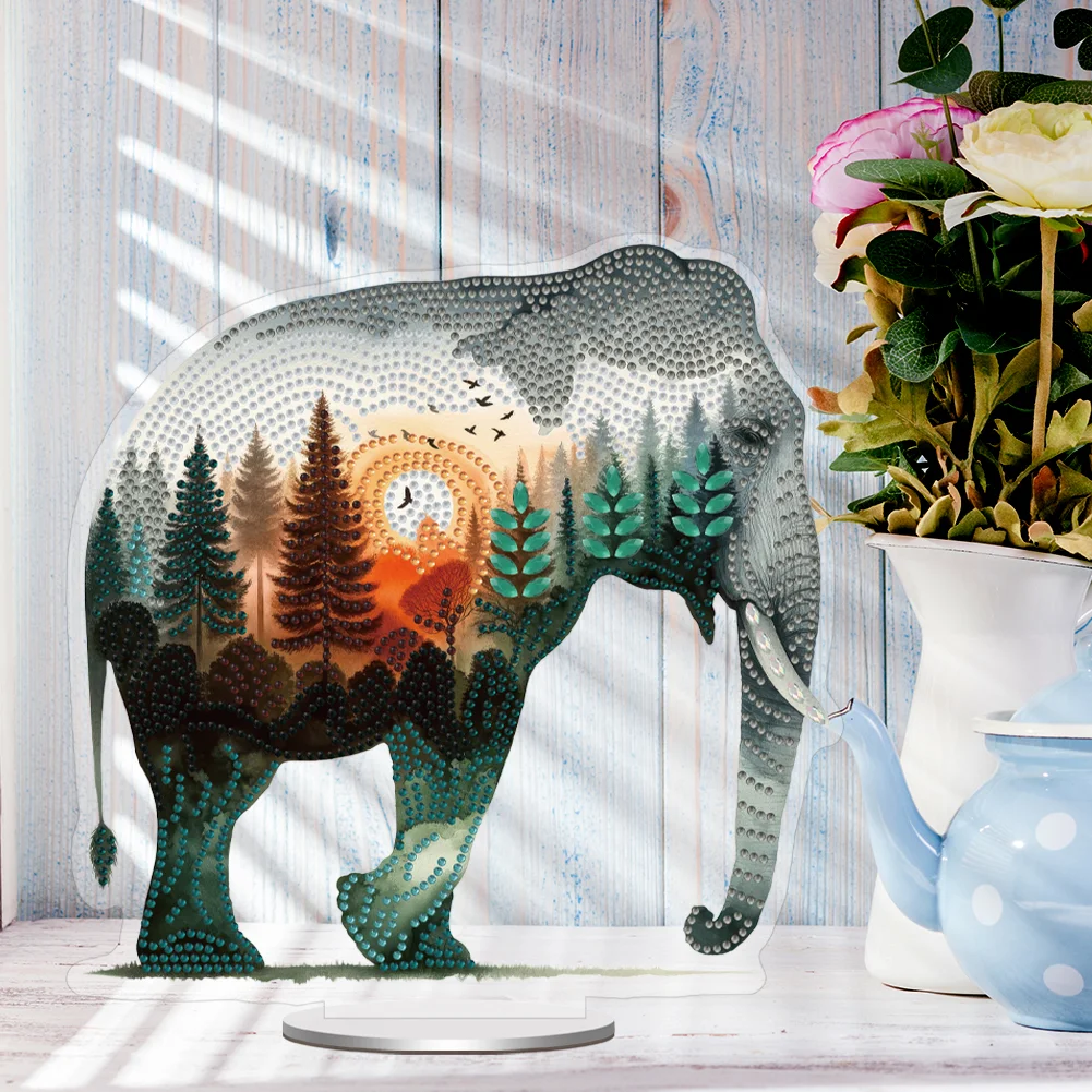 5D DIY Acrylic Elephant Animal Scenery Silhouette Special Shape Diamond Painting Art Tabletop Decorations