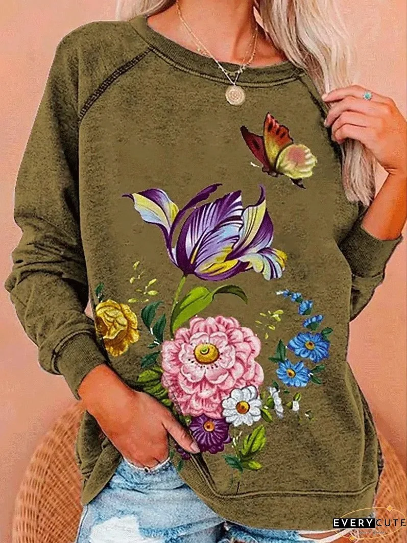 T-Shirts Flower Butterfly Round Neck Long Sleeve T-Shirt for Women