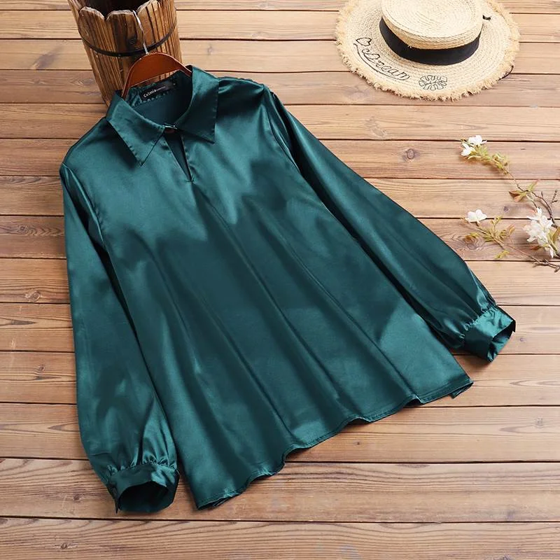 Graduation Gifts  Autumn Elegant Lantern Long Sleeve Satin Blouses Women Casual Office Lapel Shirts 2022 Fashion Hollow Neckline Tunic Tops