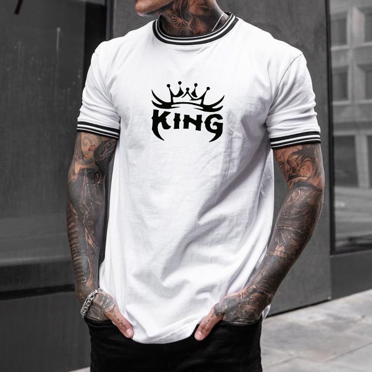 Men's Fashion Crown King Pattern Print Color Matching Casual Short Sleeve T-Shirt、、URBENIE