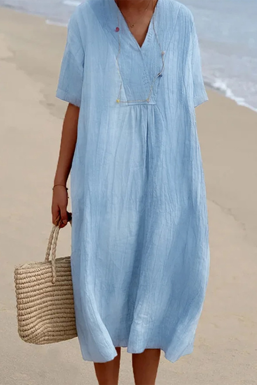 Plus Size Vacation Blue Cotton And Linen V Neck Short Sleeve Loose Midi Dress 2024 - Flycurvy 