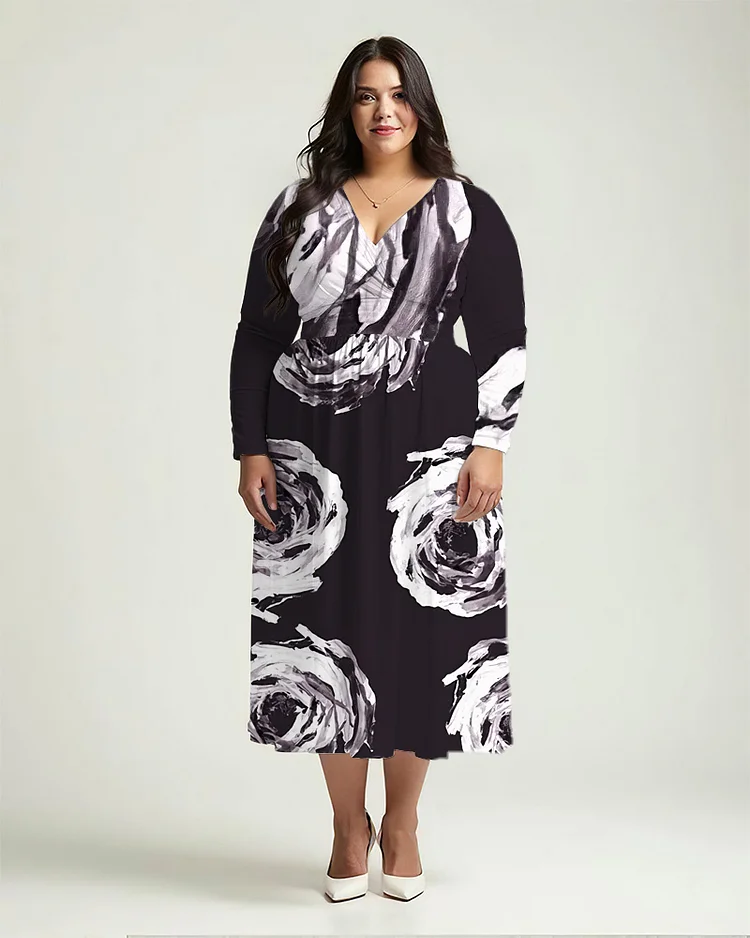 Plus Size Women's Flower Prints Long Sleeve V Neck Dress