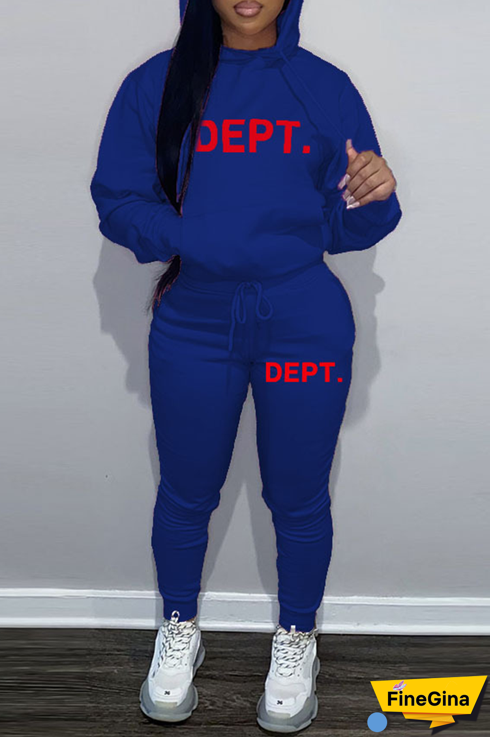 Brown Street Vintage Print Draw String Letter Hooded Collar Long Sleeve Two Pieces