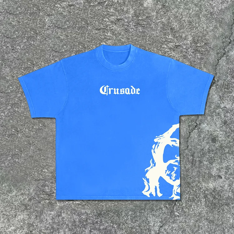 Men's Vintage God-Crusade Print Acid Washed Casual T-Shirt