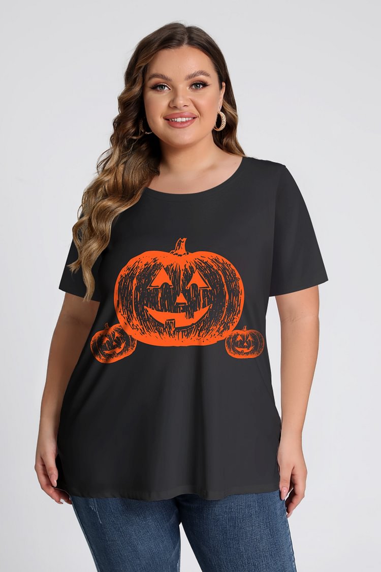 Flycurvy Plus Size Halloween Black Pumpkins Graphic Print Round Neck T-Shirt  flycurvy [product_label]