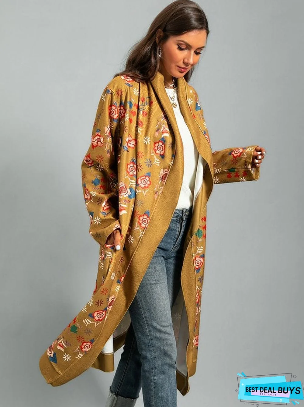 Tribal Long Sleeve Shift Shawl Collar Outerwear