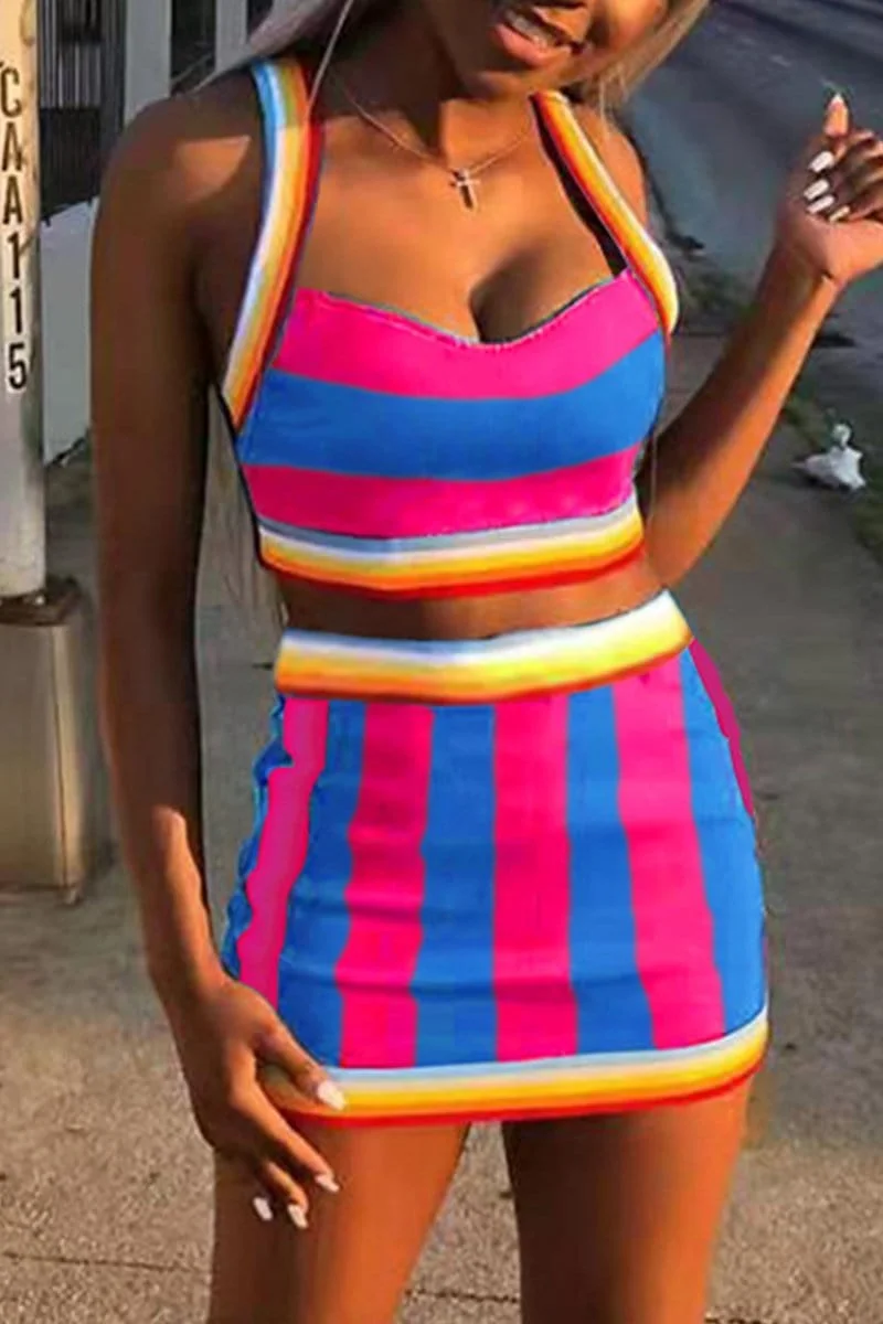 Fashion Print Cute Striped Skirts Set