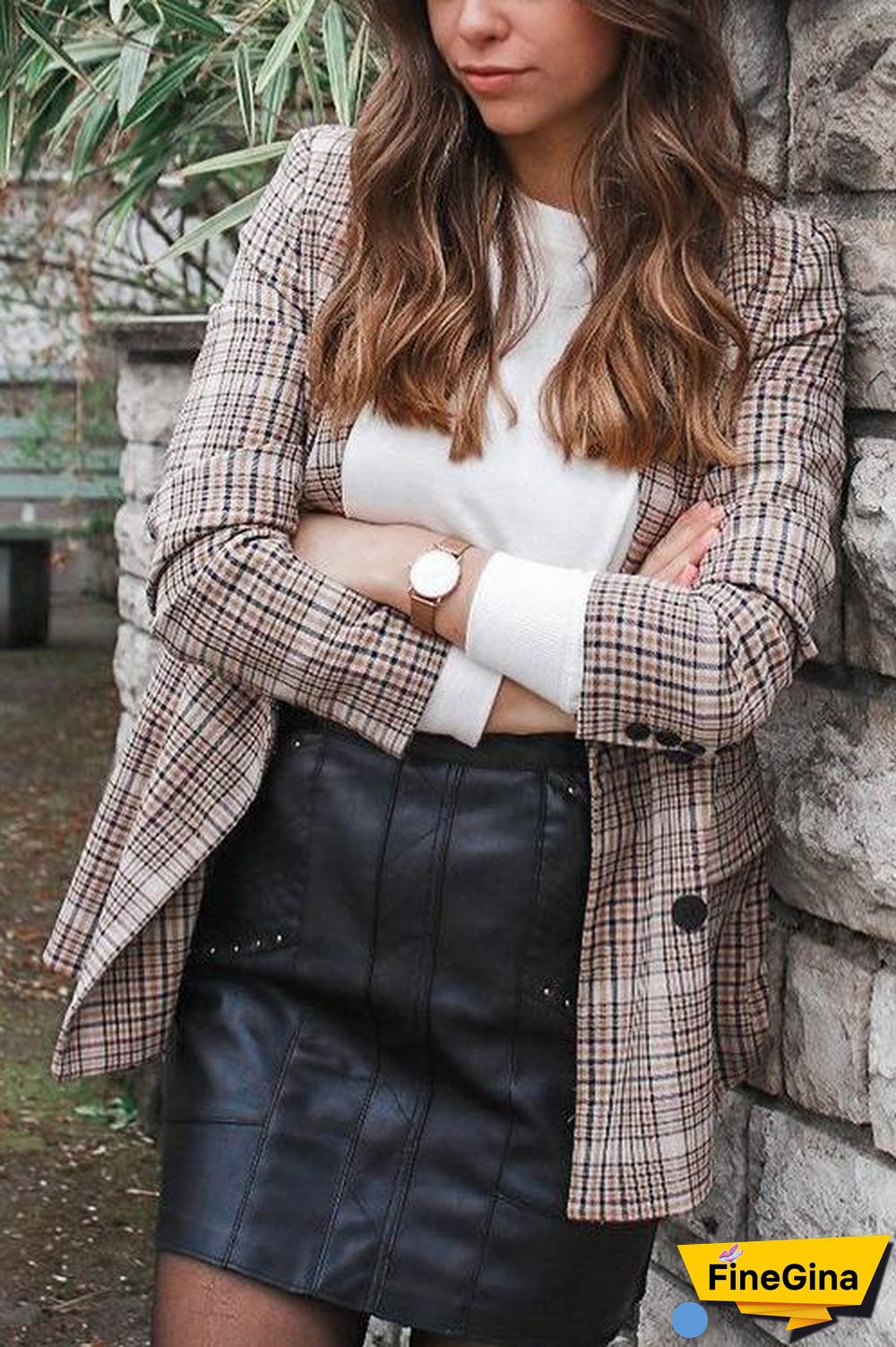 Button Plaid Lapel Blazer