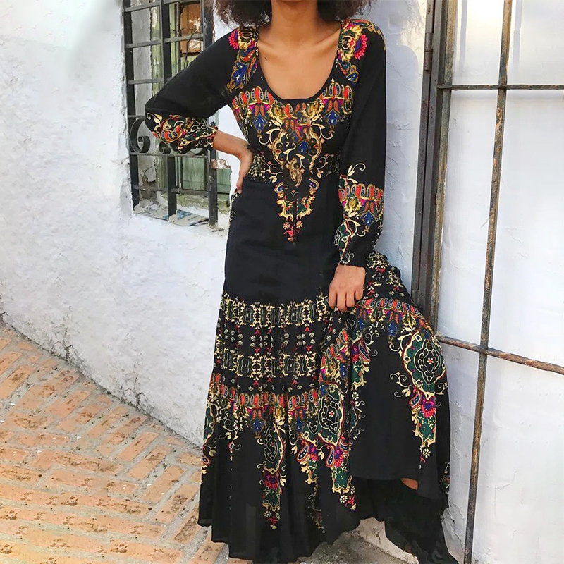 Women's Boho U Neck Printed Maxi Dress wearshes