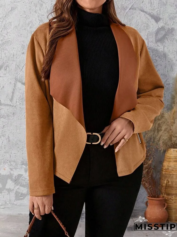 Women's Plus Size Zipper Color Block Long Sleeve Jacket, Sophisticated And Elegant Style, Brown For Autumn