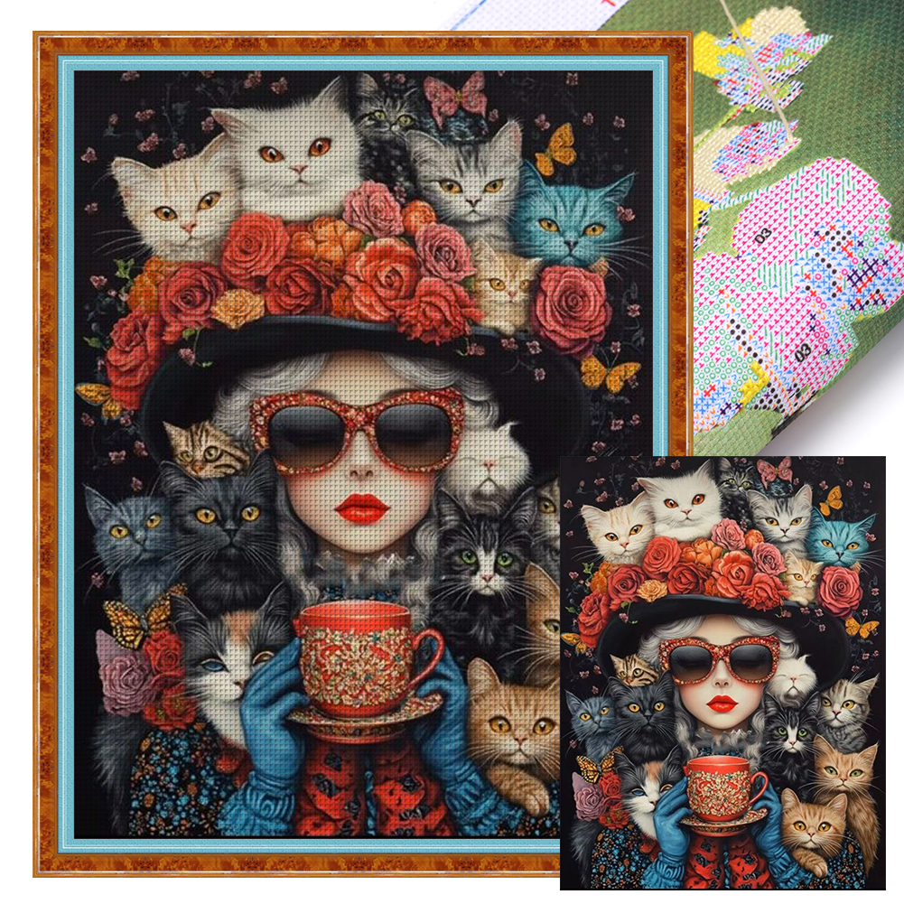 Cat Girl Full 11CT Pre-stamped Canvas(45*60cm) Cross Stitch