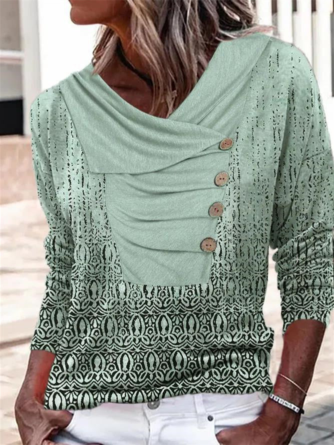 Women Long Sleeve V-neck Graphic Floral Printed Top