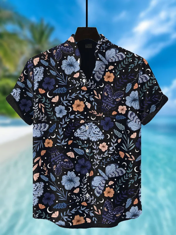 Men's Nature Art Moth Floral Print Short Sleeve Shirt