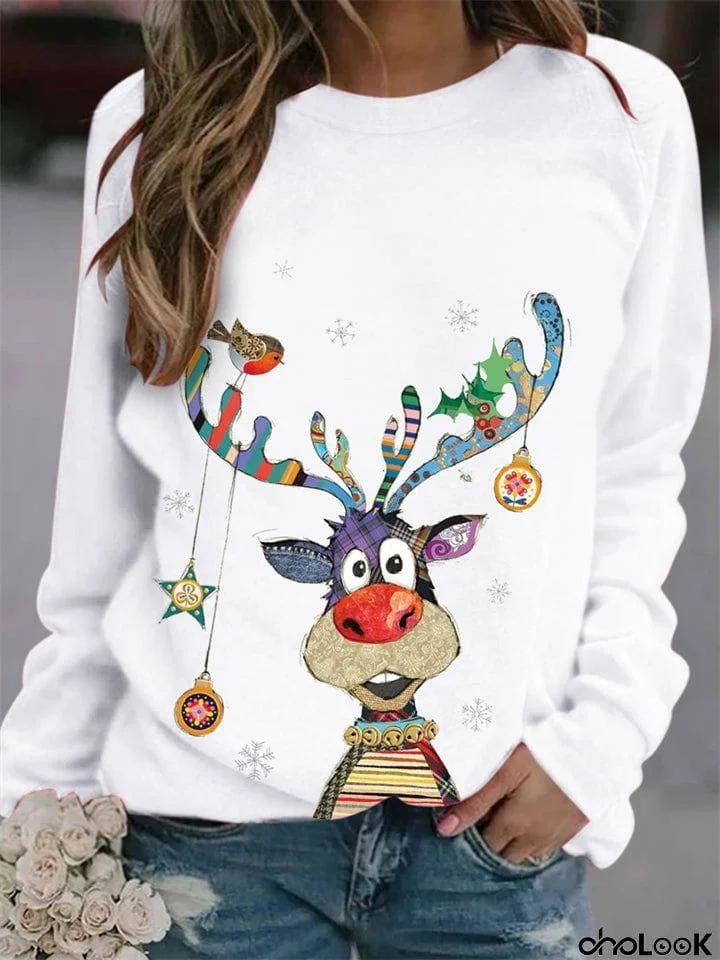 Ladies Casual Deer Print Long-sleeved Christmas T-shirts