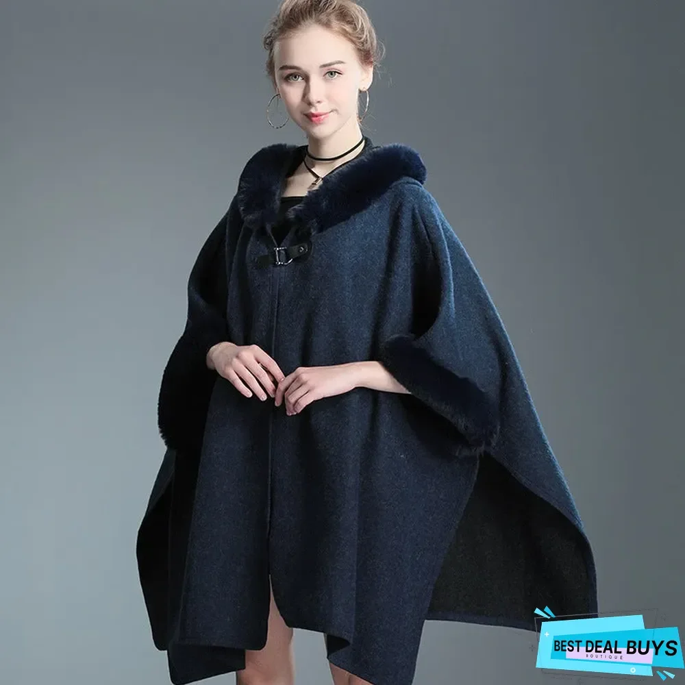 Autumn and Winter Fur Collar Hooded Shawl Cloak Large Size Woolen Coat Loose Cardigan Women