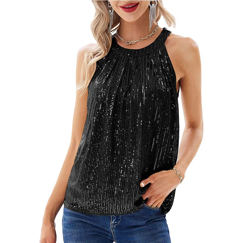 Brownm Brownm Summer New Ladies Elegant Chiffon Shirt Round Sleeveless Shirt Casual Top
