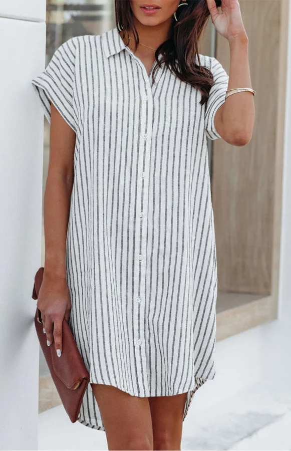 Women's Gray Short Sleeves Striped Shirt Dress