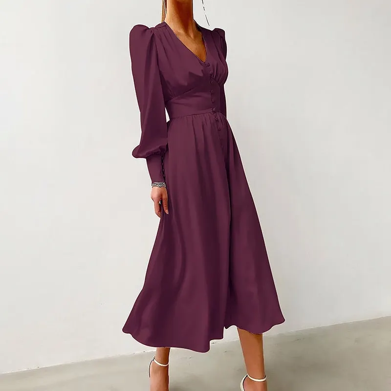 Beige Single Breasted Sexy Dress Party Clud High Waist Satin Long Dress Elegant V Neck Women Midi Dresses Lantern Sleeve