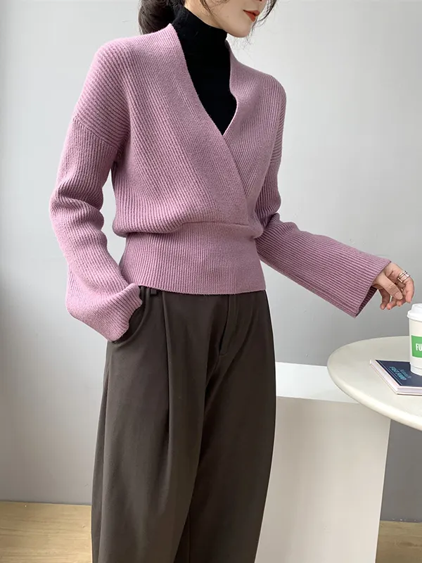 Long Sleeves Asymmetric Solid Color V-Neck Knitwear Pullovers Sweater