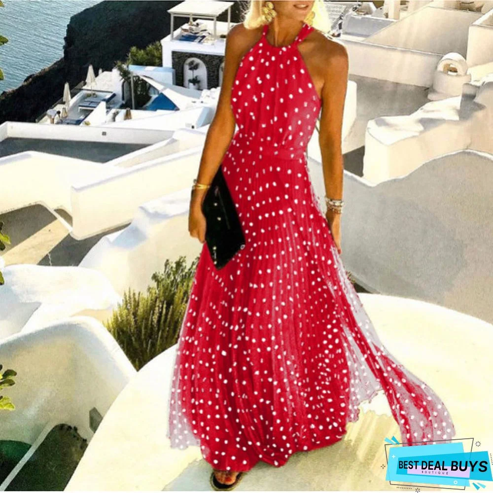 New Round Neck Sleeveless Printed Pleated Dress Women's Dress