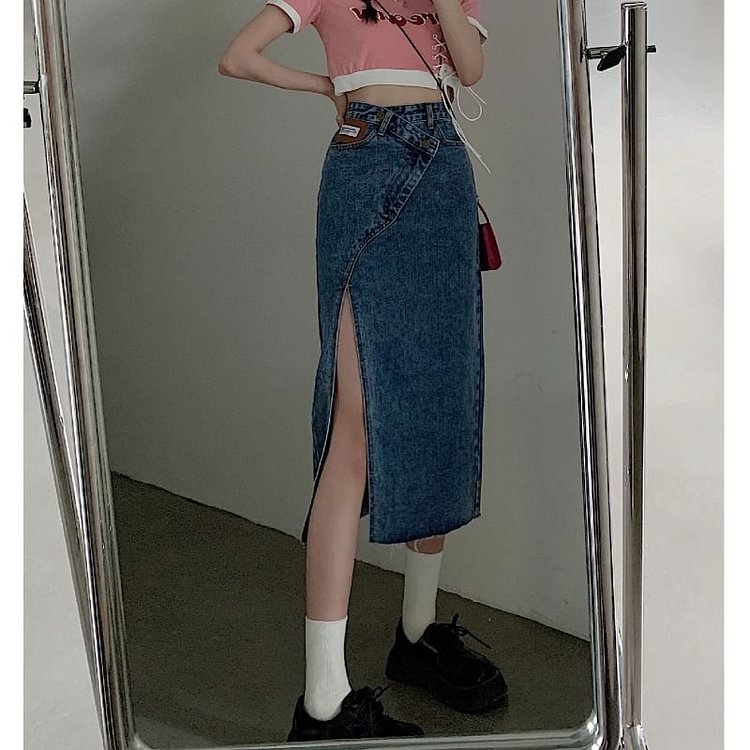 Asymmetrical Slit Denim Skirt YP4527