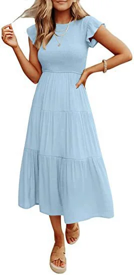 Uveng Trendy Flounced Sleeve Pleating Short-sleeved Dresses