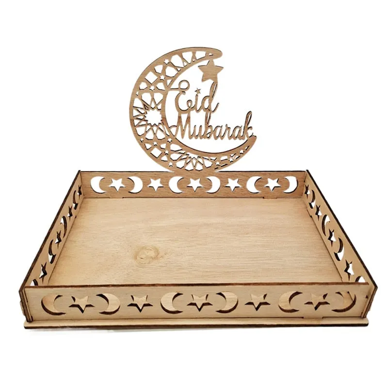 Eid Mubarak Wooden Food Tray Ornament Islamic Muslim Party Decoration for Home 2022 Ramadan Kareem Gifts Eid Al Adha Supplies