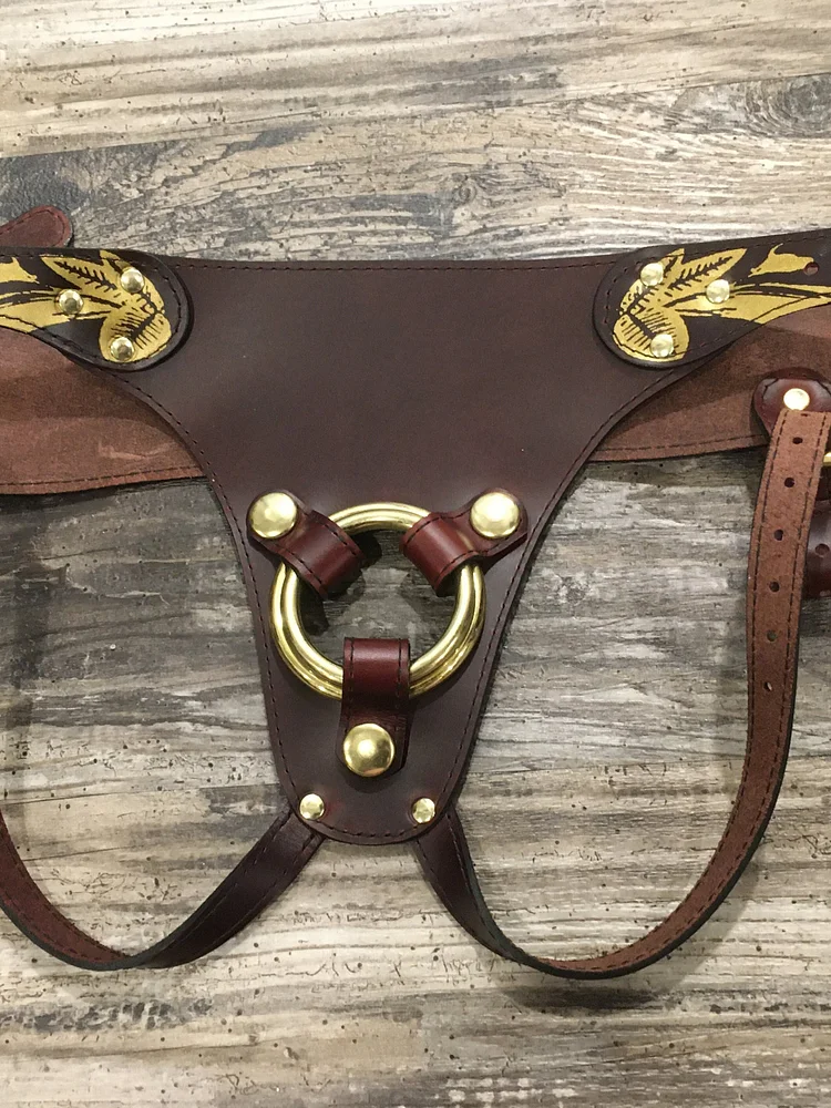 pornhint Pornhint The Dirty Darling: Chromexcel Leather Strap-On Harness w Gold Butterfly Detail, Adjustable Fit cock necklace