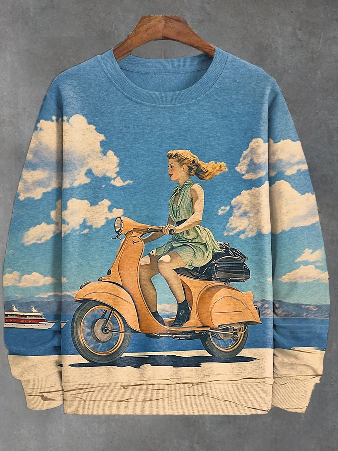 Men's Retro Electromobile Seaside Atmosphere Art Print Casual Sweatshirt