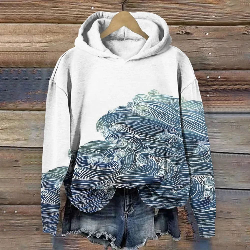 Japanese Art Gradient Wave Print Hoodie