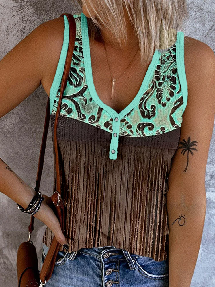 Vintage Western Floral Leather Tassels Zip Up Tank Top