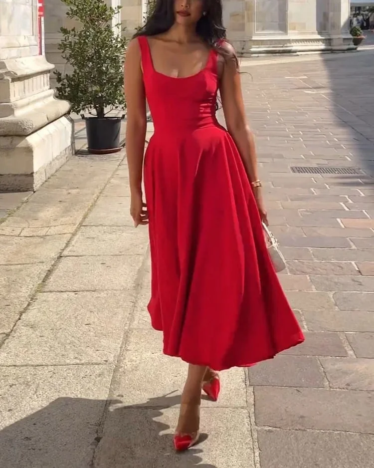 Summer Women's Red Square Neck Wide Strap Dress