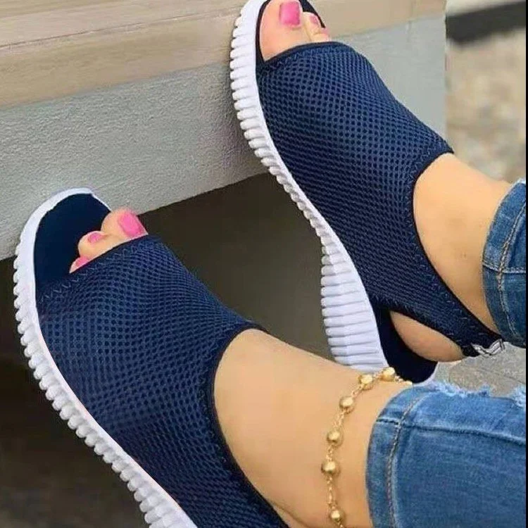 Breakj Breakj Summer New Thick-Soled Net Surface Knitted Fish Mouth Women's Sandals Large-Size One-Legged Pedal Women's Shoes