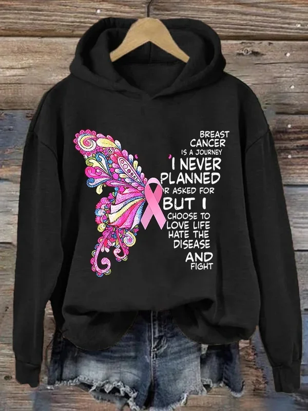 Breast Cancer Awareness Butterfly Pink Ribbon Print Hoodie