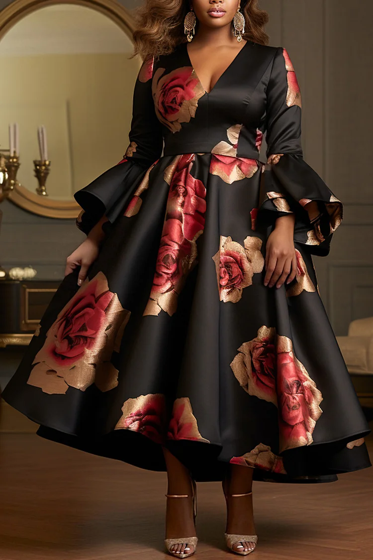 Xpluswear Design Plus Size Cocktail Party Black Floral V Neck Flare Long Sleeve Ruffle Elegant Satin Midi Dresses [Pre-Order]