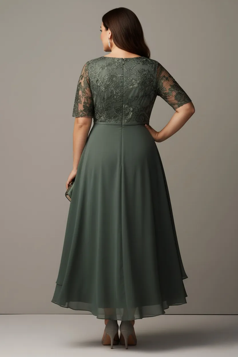 Flycurvy Plus Size Mother Of The Bride Gray Green Lace Asymmetrical Hem  Overlay Tea-length Dress- Flycurvy