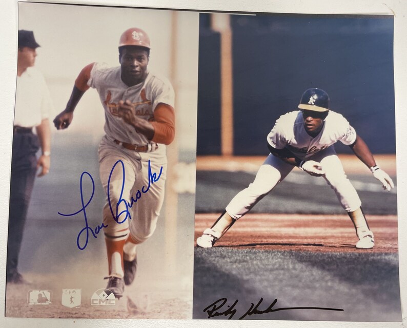 Lou Brock & Rickey Henderson Signed Autographed Glossy 8x10 Photo Poster painting - COA Matching Holograms