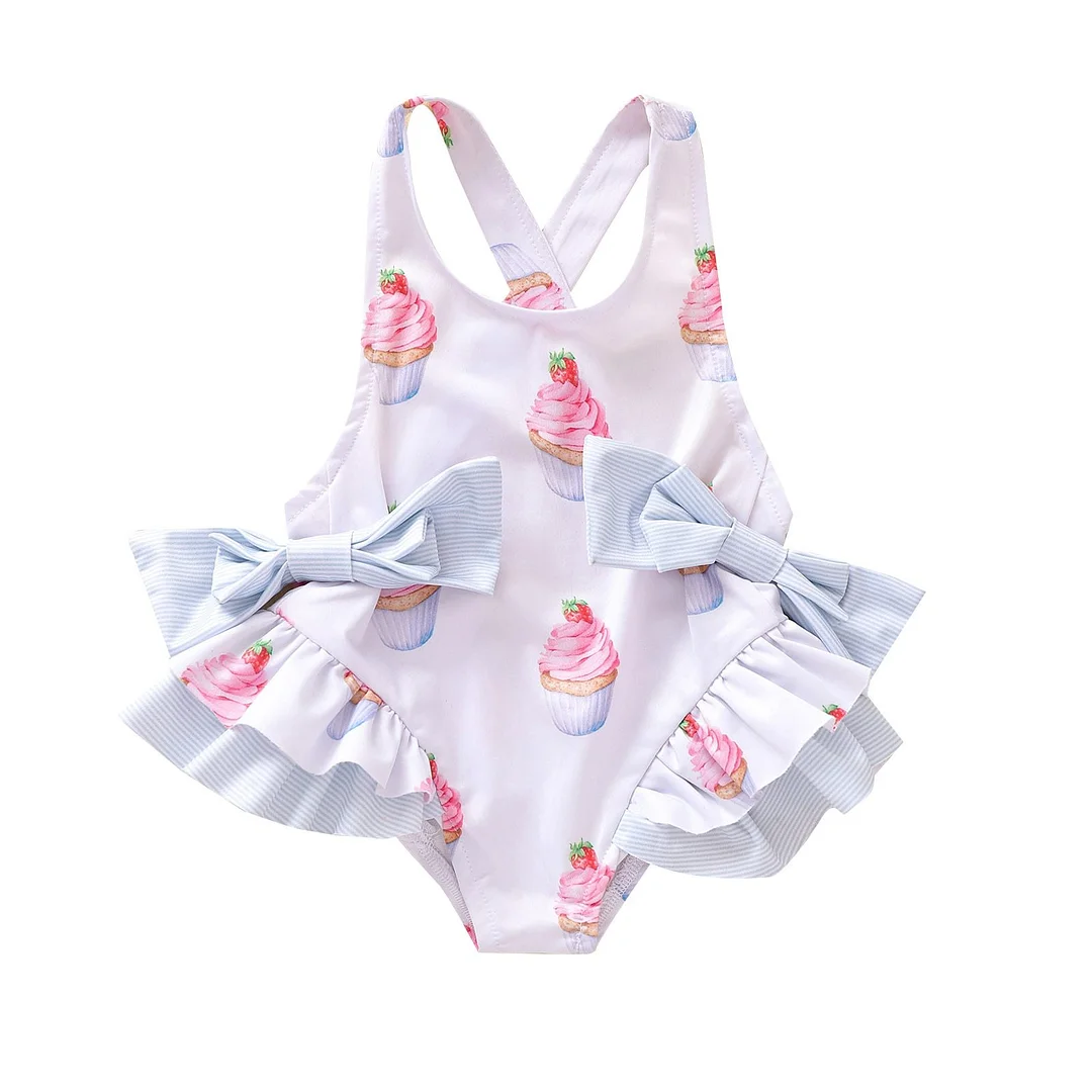 Infant Kids Girl Fashion Ruffles One Piece Swimsuit Cute Bow Cup Cake Pattern Backless Suspender Swimsuit Bathing Suit 6M-5T