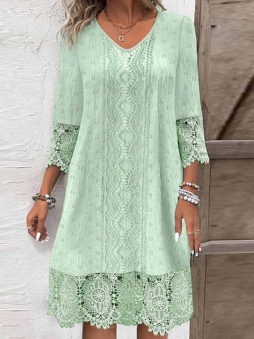 Women's 3/4 Sleeve V-neck Solid Color Lace Midi Dress