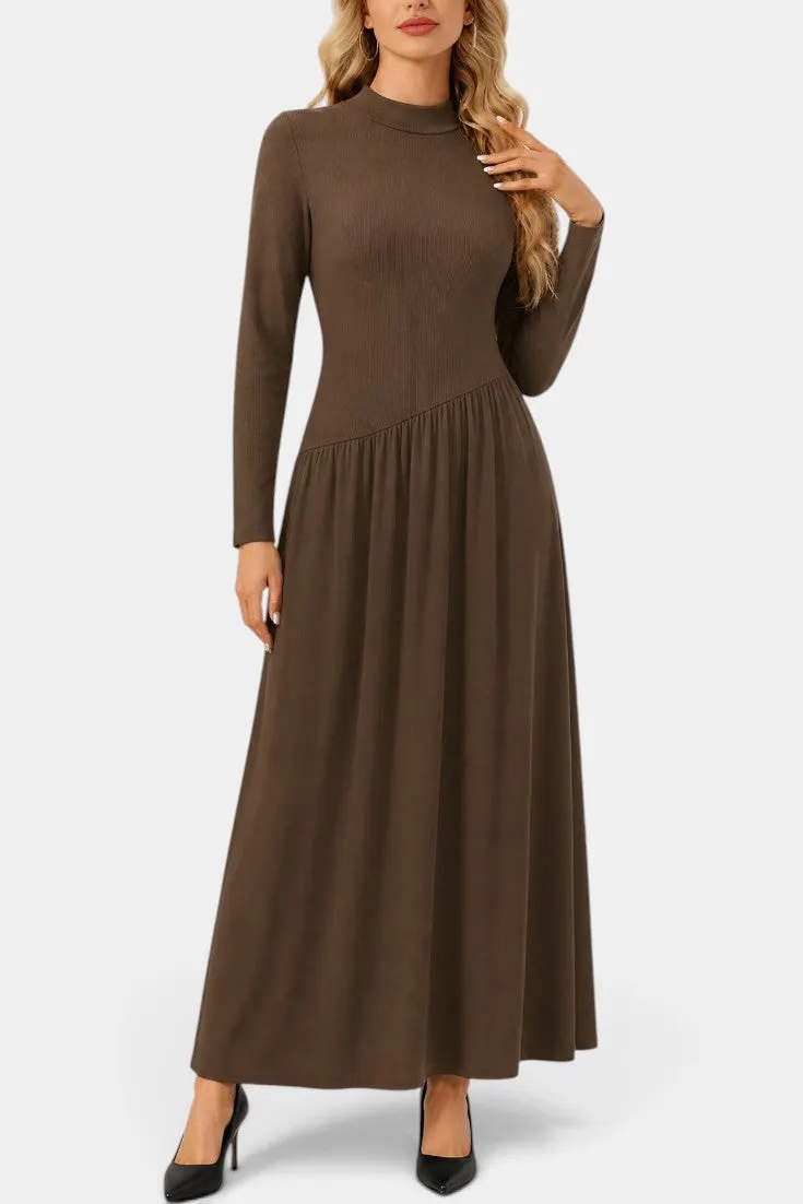High Neck Long Sleeve Maxi Dress with Pleated Waist