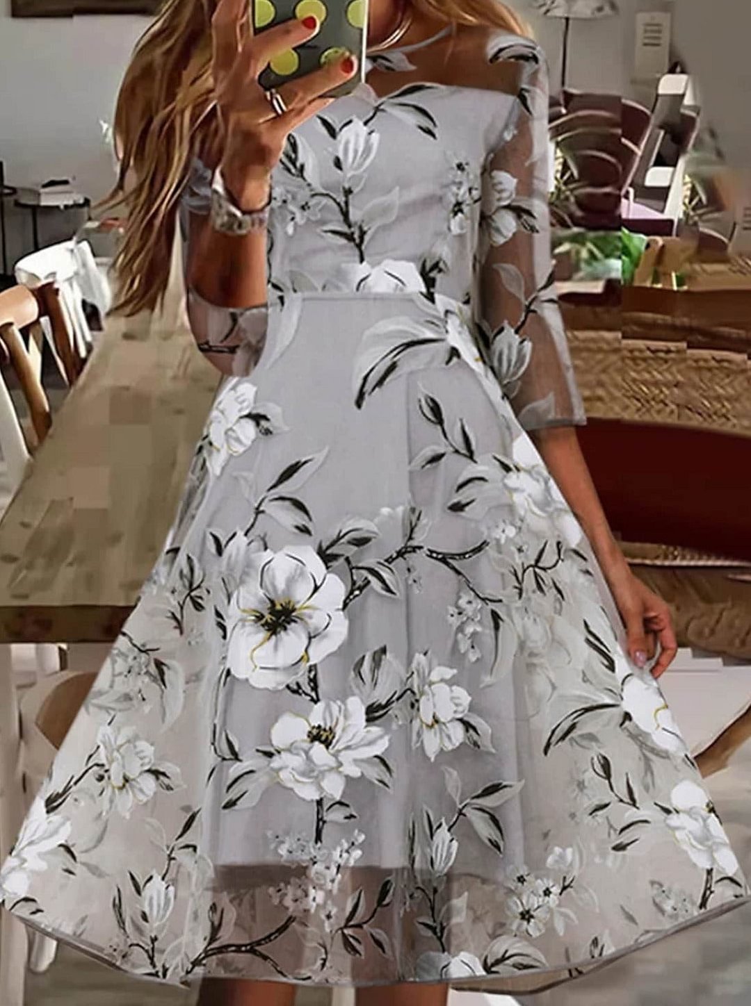 Gray Metallic Floral Print Ruffled Print Scoop Neck Casual Dress