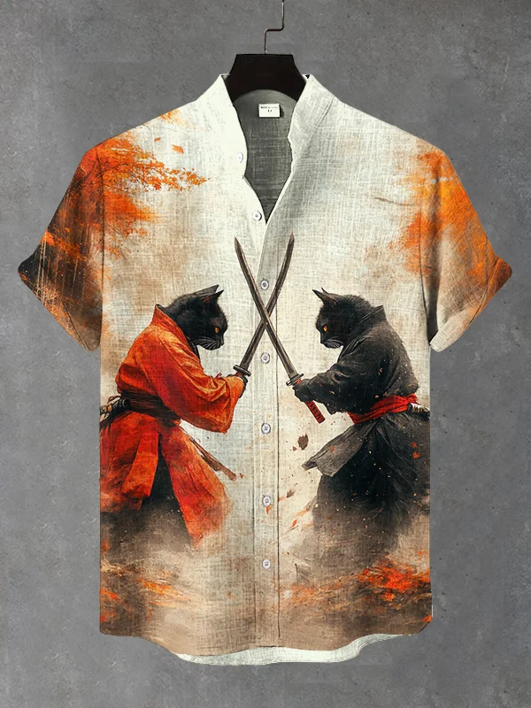 Men's Black Cat Swordsmen Duel Print Short Sleeve Shirt