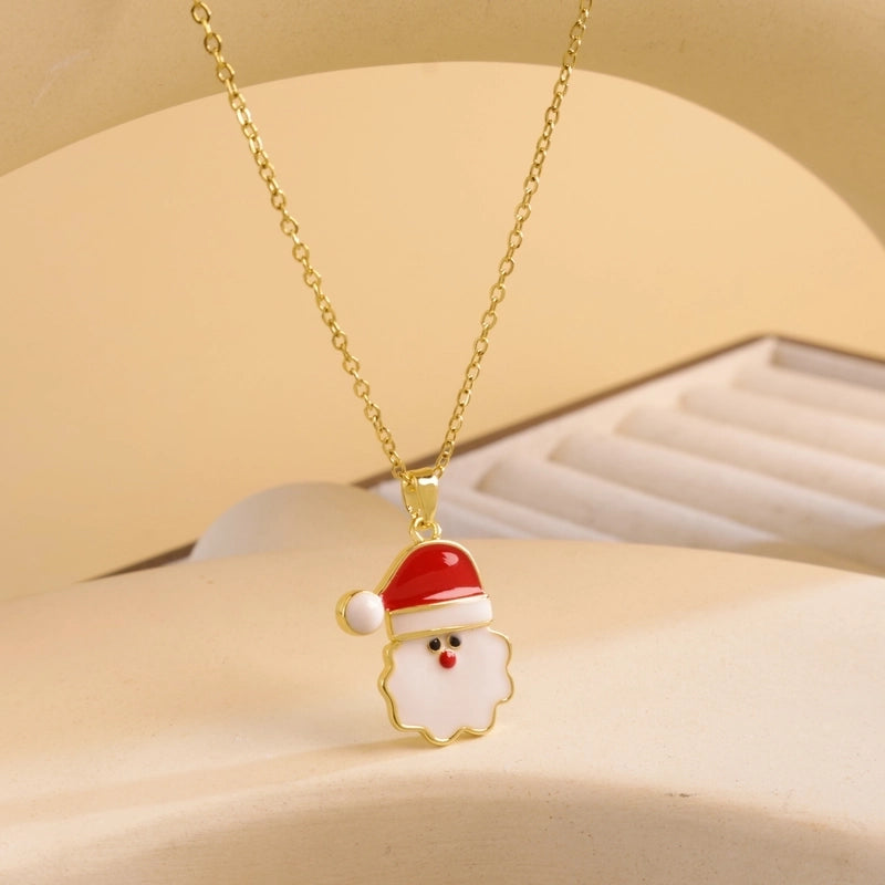 Titanium Steel Copper Cable Chain Enamel Inlay Christmas Hat Santa Claus Christmas Socks Pearl Zircon Pendant Necklace